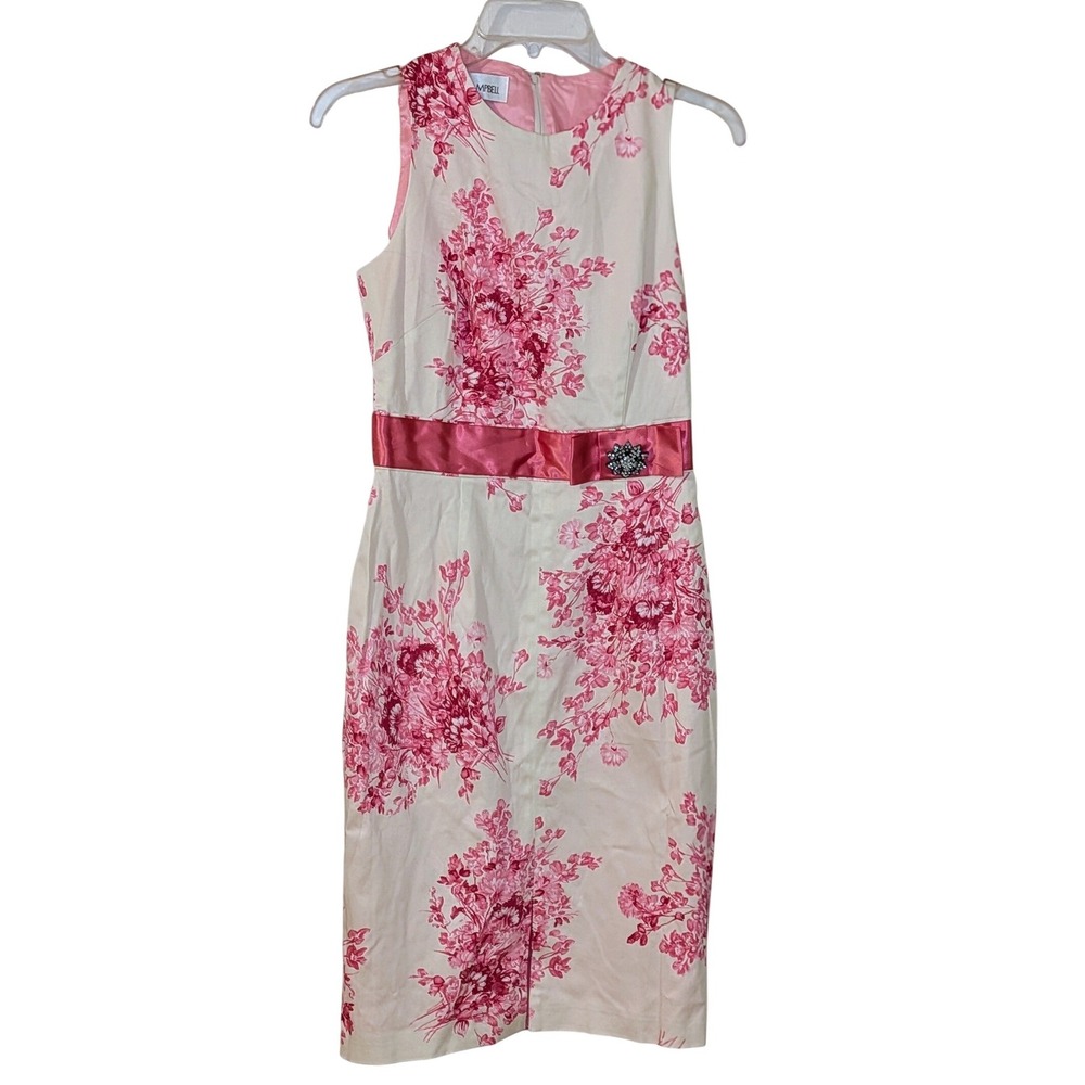 Sara Campbell Floral Print Sheath Dress Pink Ivory Embellished Waist Size 4